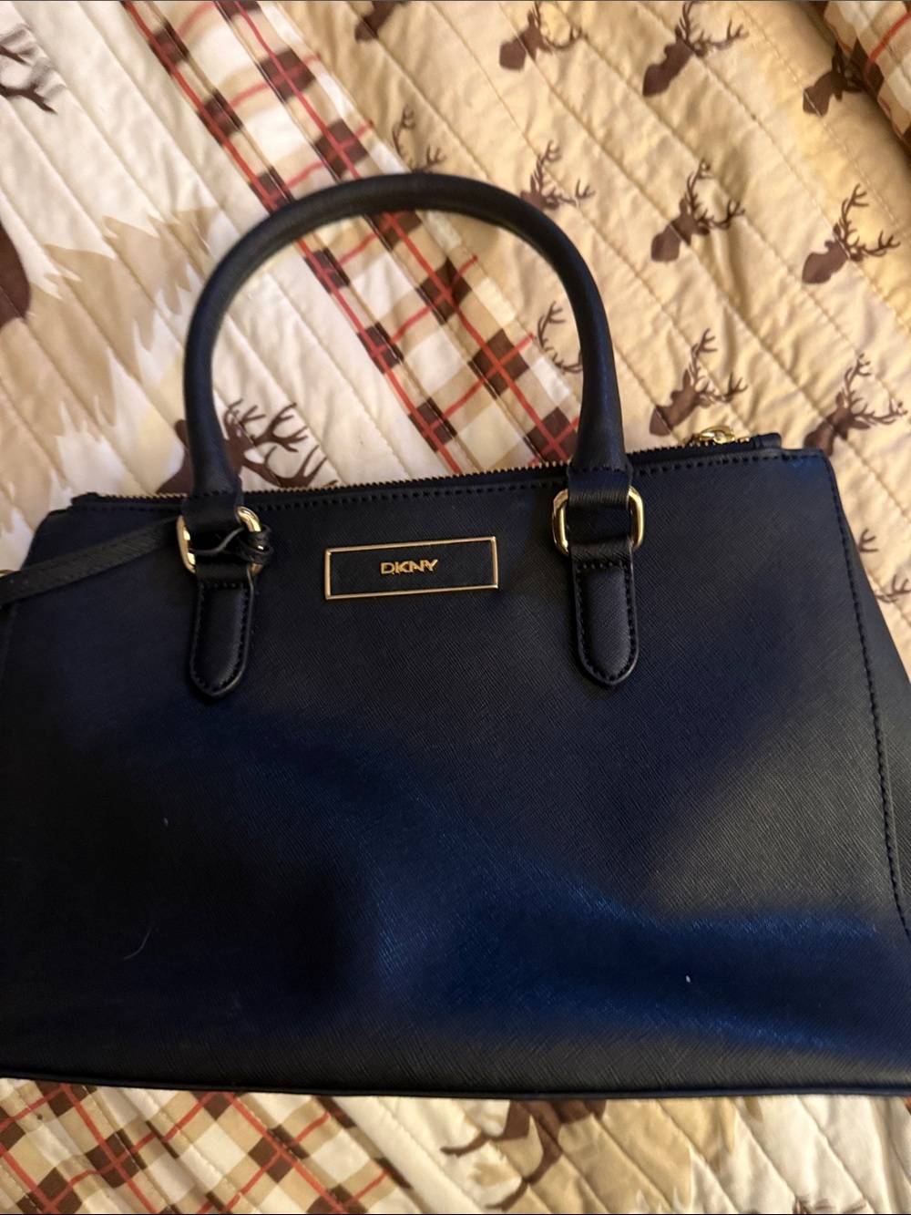 DKNY Navy Blue Leather Satchel with Gold Hardware